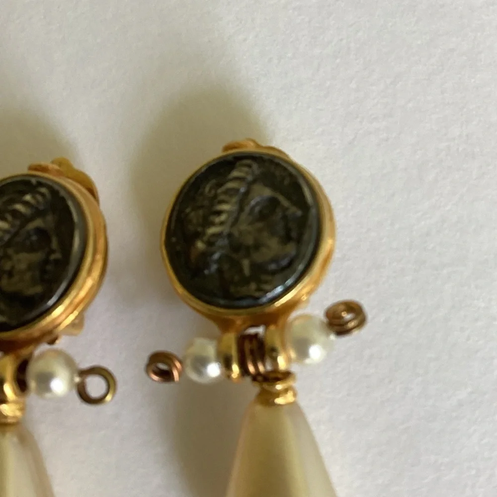 Etruscan Style Coin Earrings Faux Pearl Stamped LM Intaglio Mobe Classic Gift